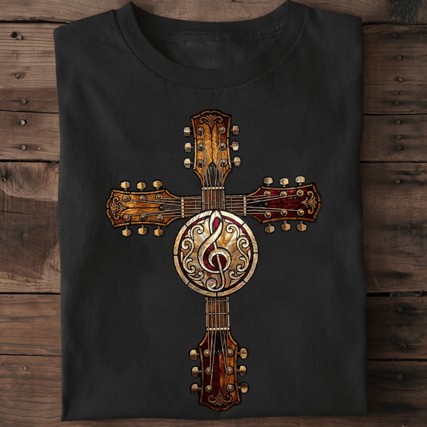 Stained Glass Guitar Cross Tee — Musician Faith Shirt - The Music Frontiers