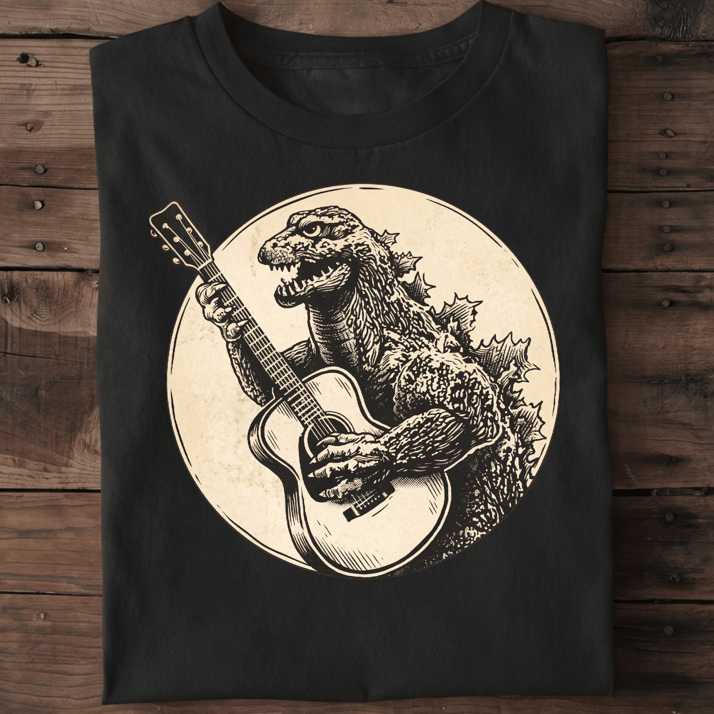 Vintage Godzilla Kaiju Playing Acoustic Guitar T-Shirt - The Music Frontiers