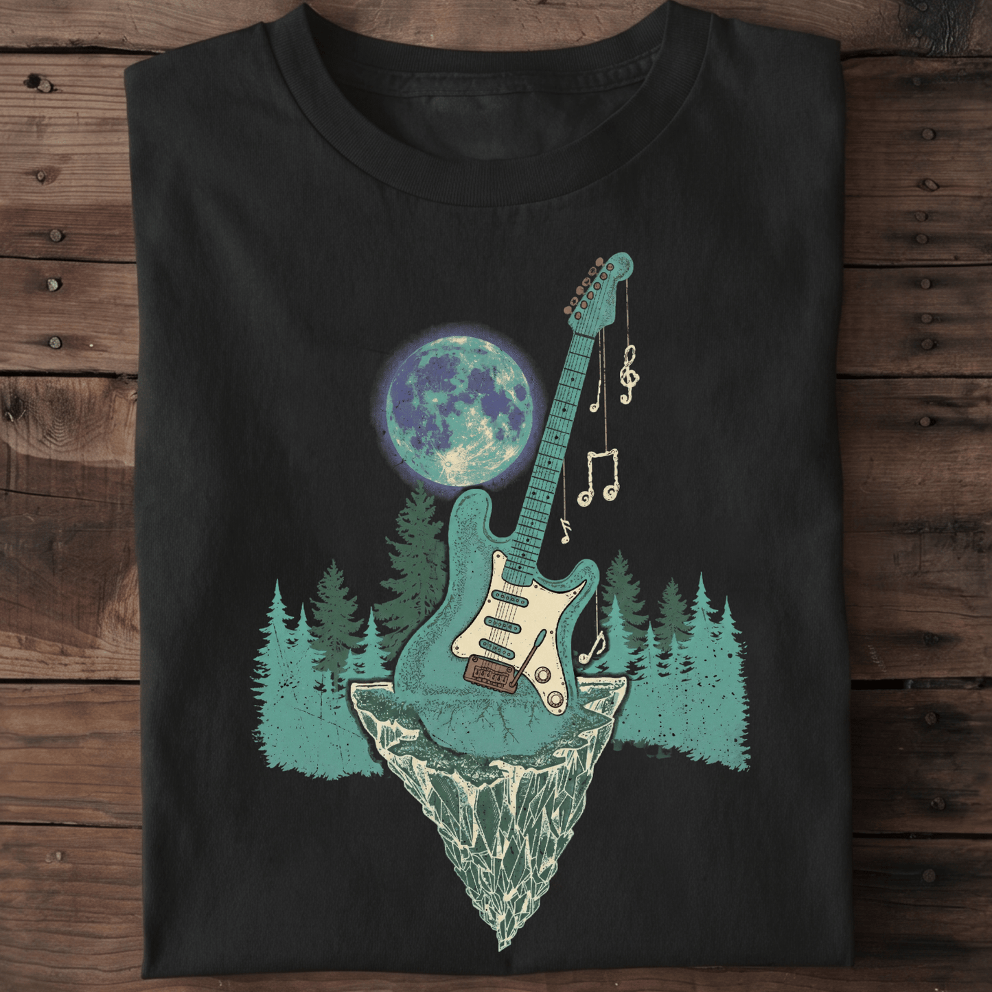 Vintage Surreal Floating Island Electric Guitar Full Moon T-Shirt - The Music Frontiers