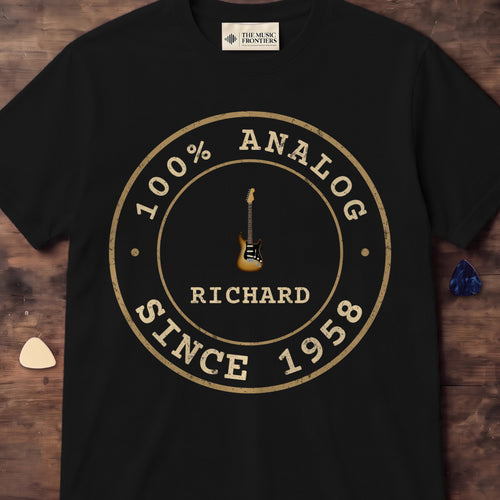 Black t-shirt with the personalized 100% Analog Since Year Retro Badge design