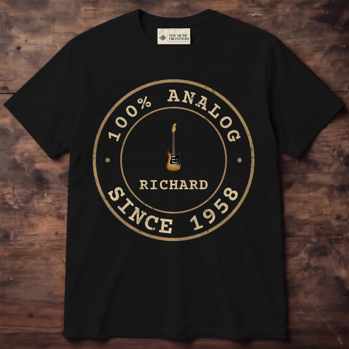 Black t-shirt with the personalized 100% Analog Since Year Retro Badge design
