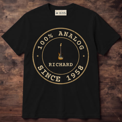 Black t-shirt with the personalized 100% Analog Since Year Retro Badge design