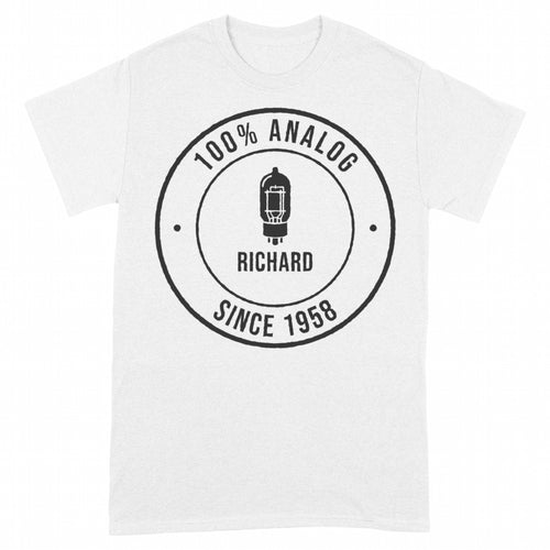 100% Analog Since Year Personalized Retro Badge Shirt - White classic tee, front