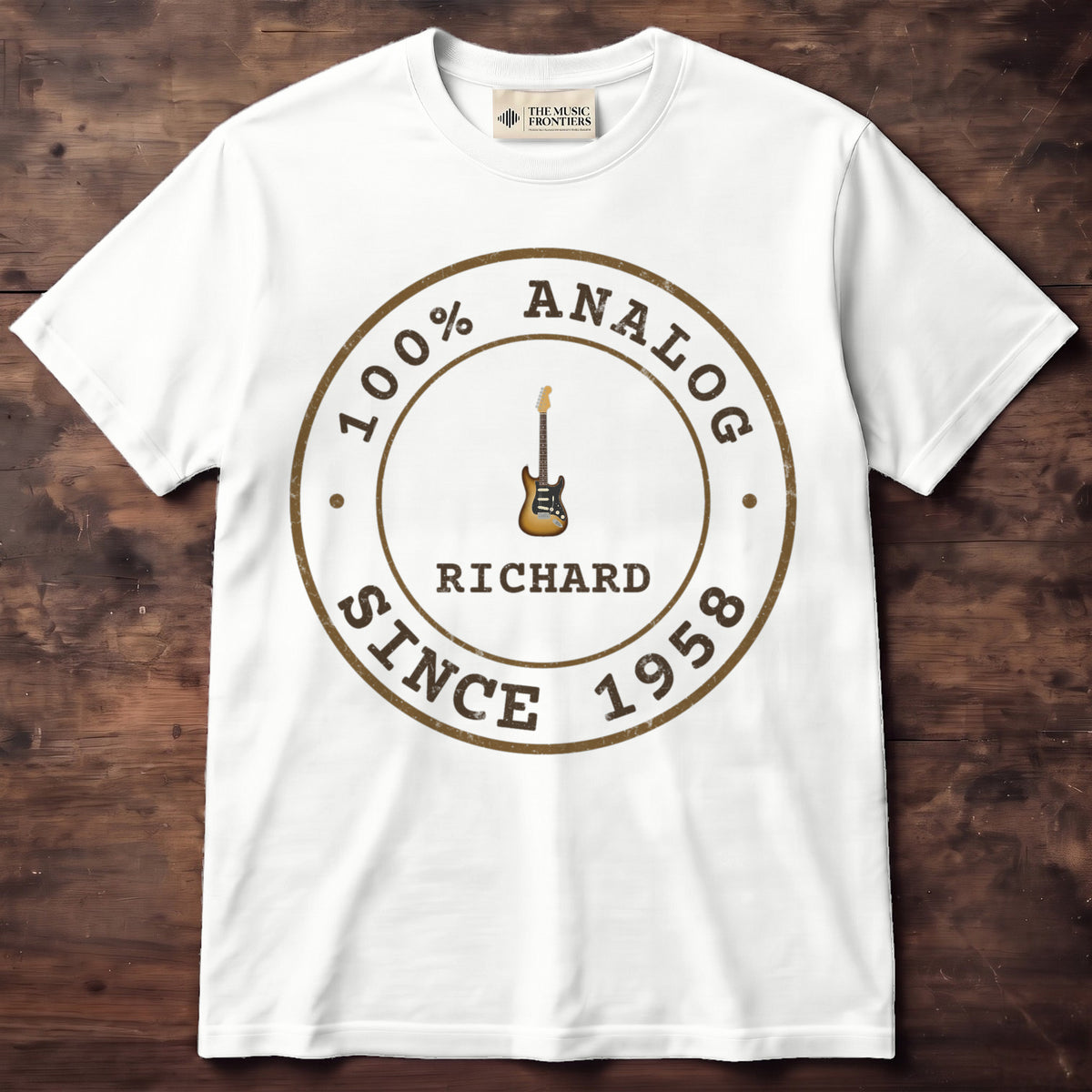 White t-shirt with the personalized 100% Analog Since Year Retro Badge design