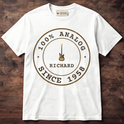 White t-shirt with the personalized 100% Analog Since Year Retro Badge design