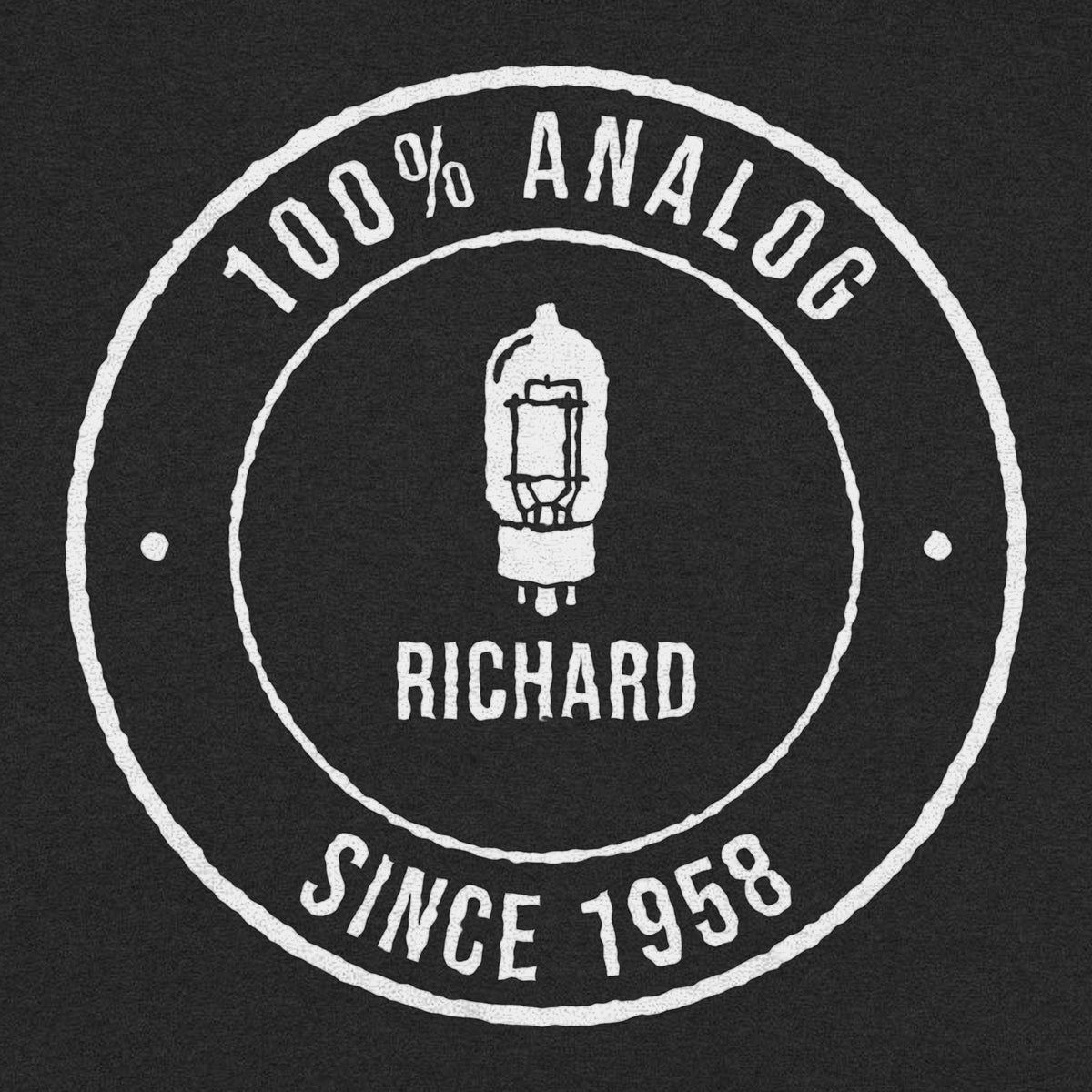 100% Analog Since Year Personalized Retro Badge Shirt - close-up of the print on the black shirt