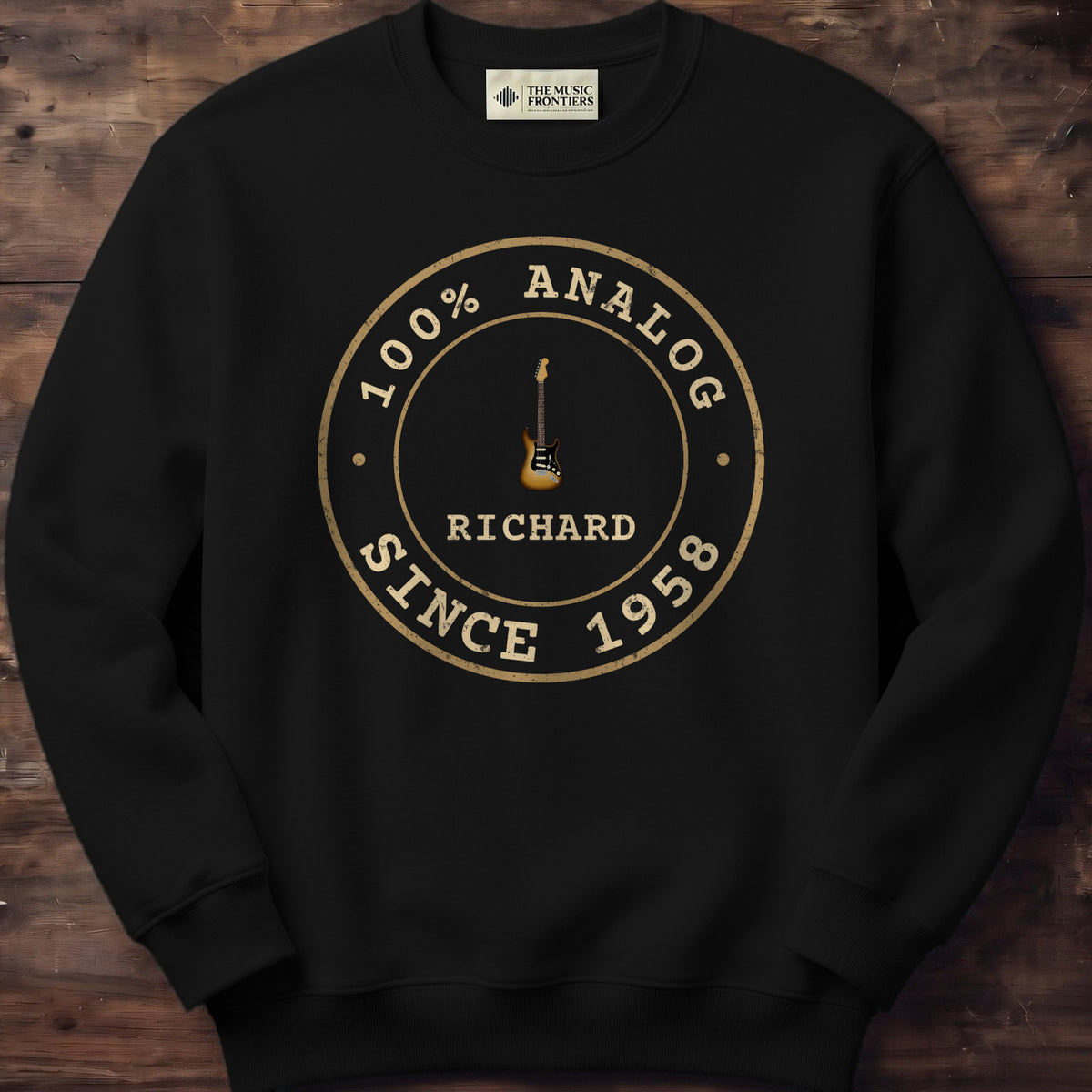 Black sweatshirt with the personalized 100% Analog Since Year Retro Badge design