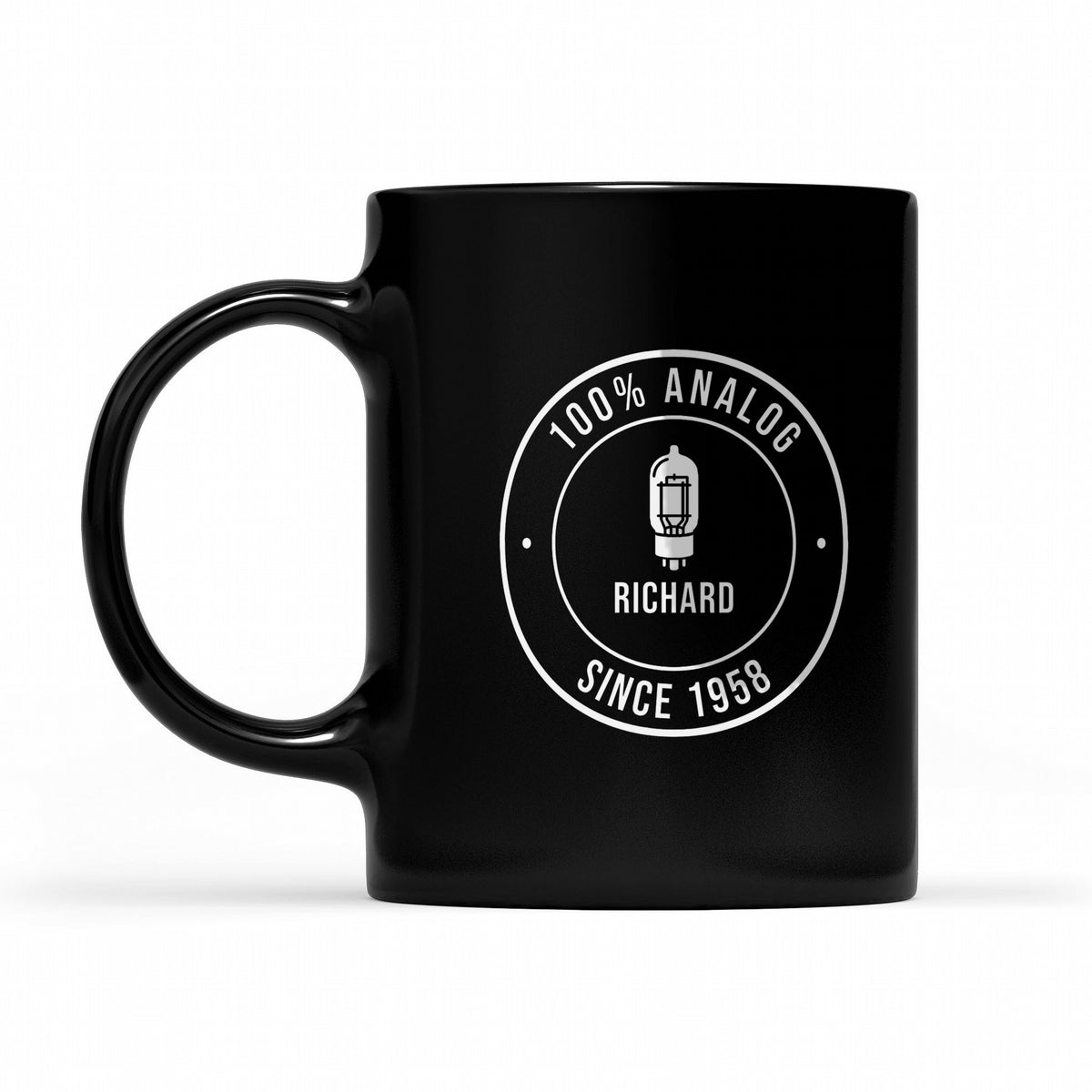 100% Analog Since Year Personalized Retro Badge Shirt - matching black mug