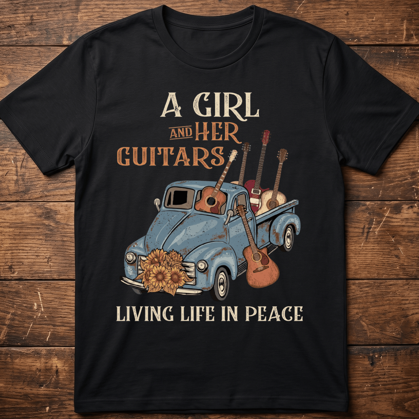 A Girl And Her Guitars Living Life In Peace Vintage Truck T-Shirt - The Music Frontiers