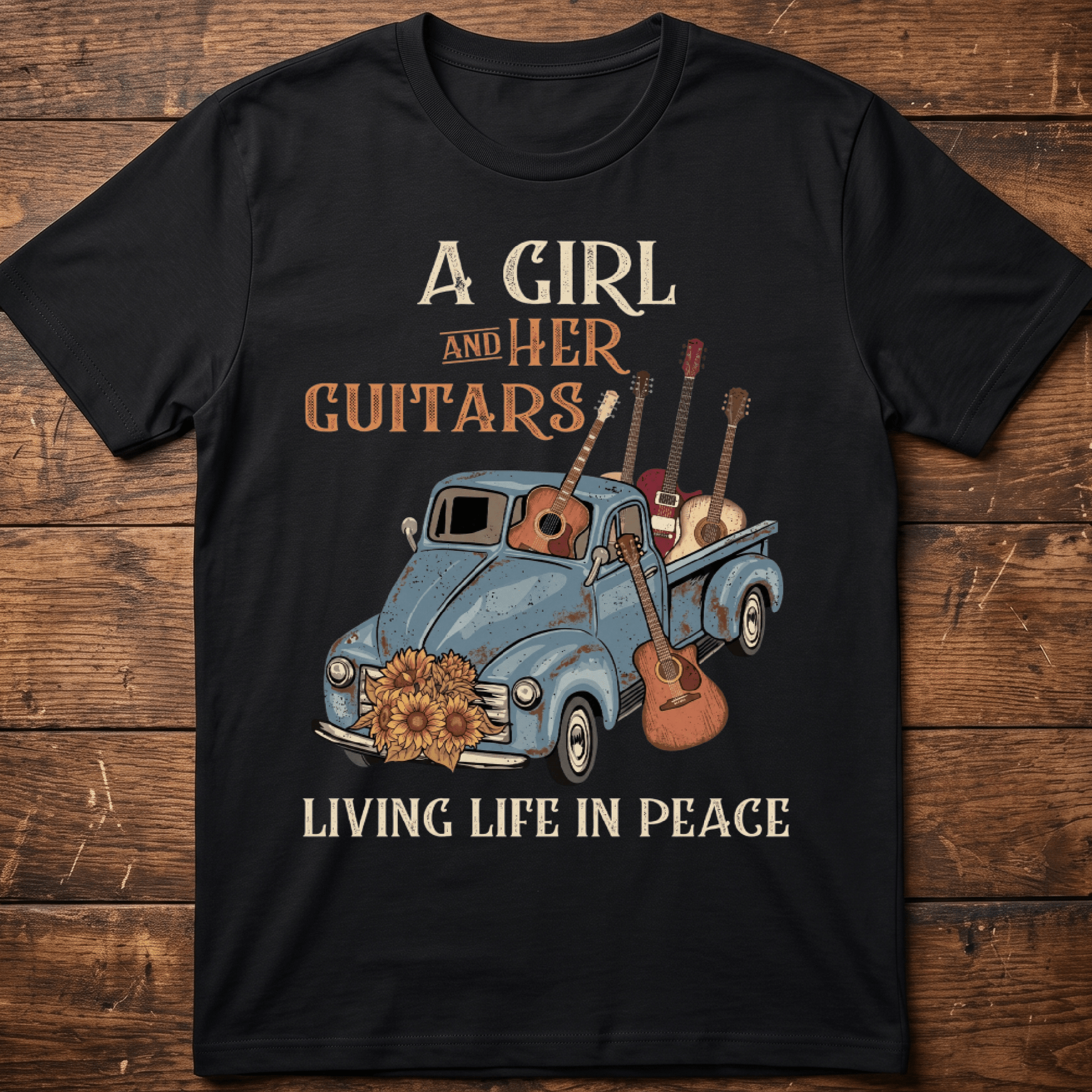 A Girl And Her Guitars Living Life In Peace Vintage Truck T-Shirt - The Music Frontiers