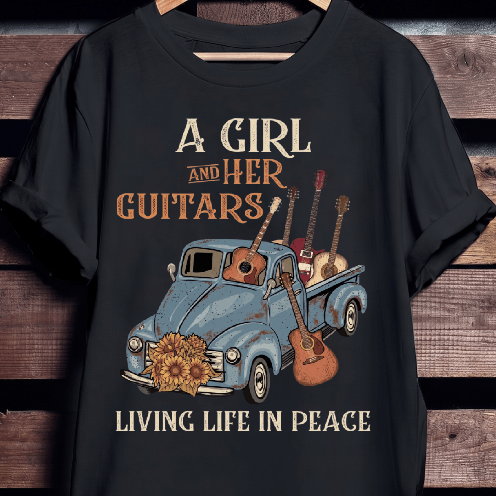 A Girl And Her Guitars Living Life In Peace Vintage Truck T-Shirt - The Music Frontiers