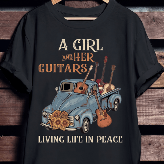A Girl And Her Guitars Living Life In Peace Vintage Truck T-Shirt - The Music Frontiers