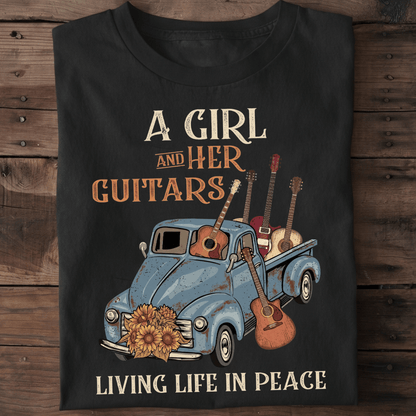 A Girl And Her Guitars Living Life In Peace Vintage Truck T-Shirt - The Music Frontiers
