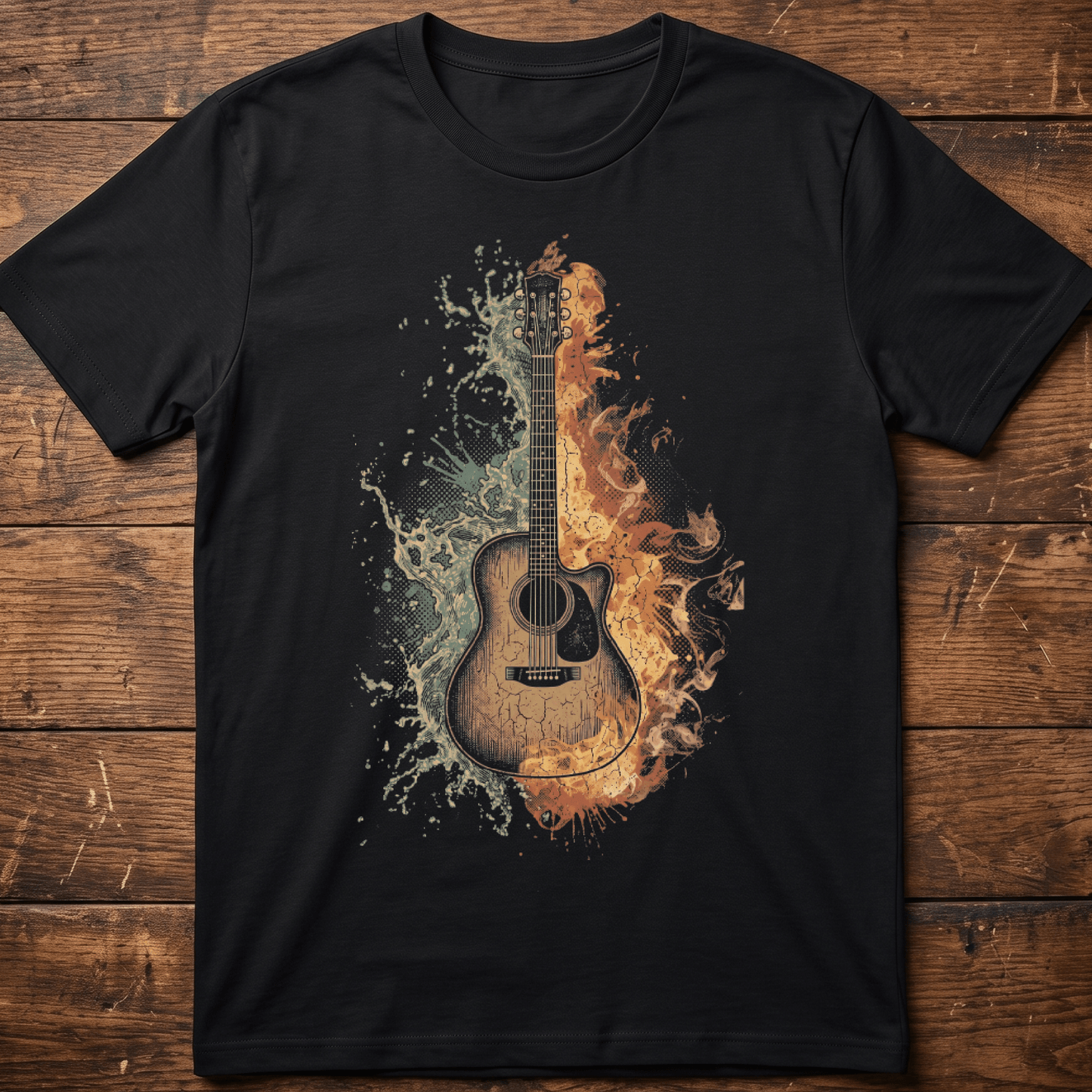 Acoustic Guitar Fire and Water T-shirt - The Music Frontiers