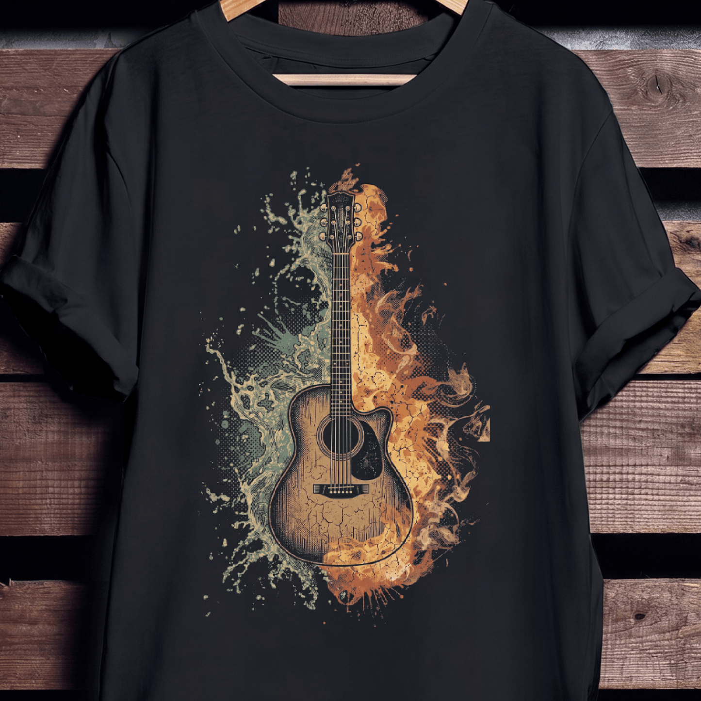 Acoustic Guitar Fire and Water T-shirt - The Music Frontiers