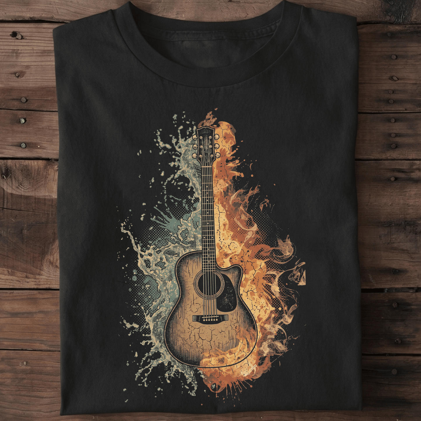 Acoustic Guitar Fire and Water T-shirt - The Music Frontiers