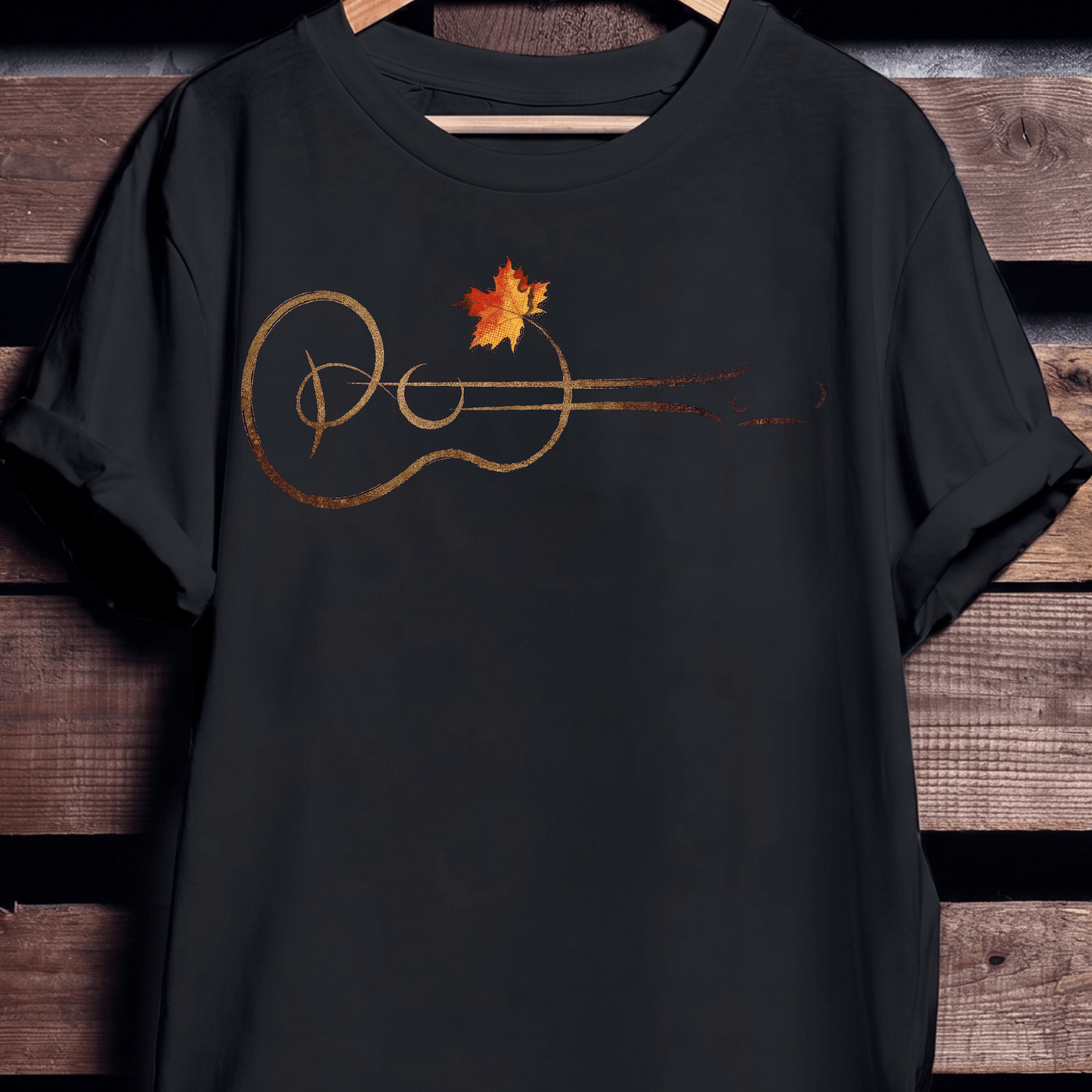 Acoustic Guitar Line Art T-shirt - Aesthetic Maple Leaf Music Tee - The Music Frontiers
