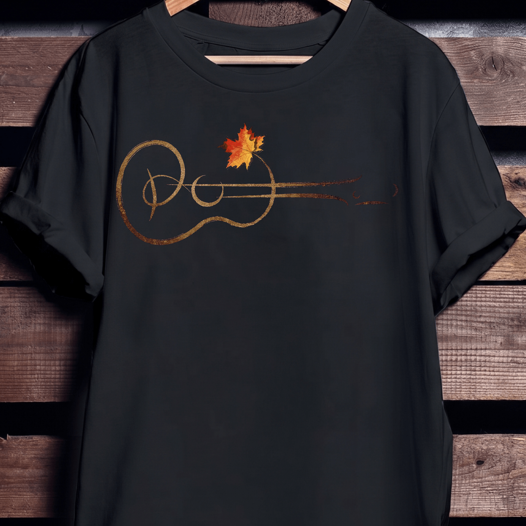 Acoustic Guitar Line Art T-shirt - Aesthetic Maple Leaf Music Tee - The Music Frontiers