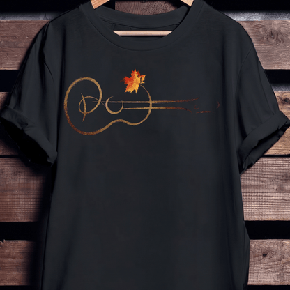 Acoustic Guitar Line Art T-shirt - Aesthetic Maple Leaf Music Tee - The Music Frontiers