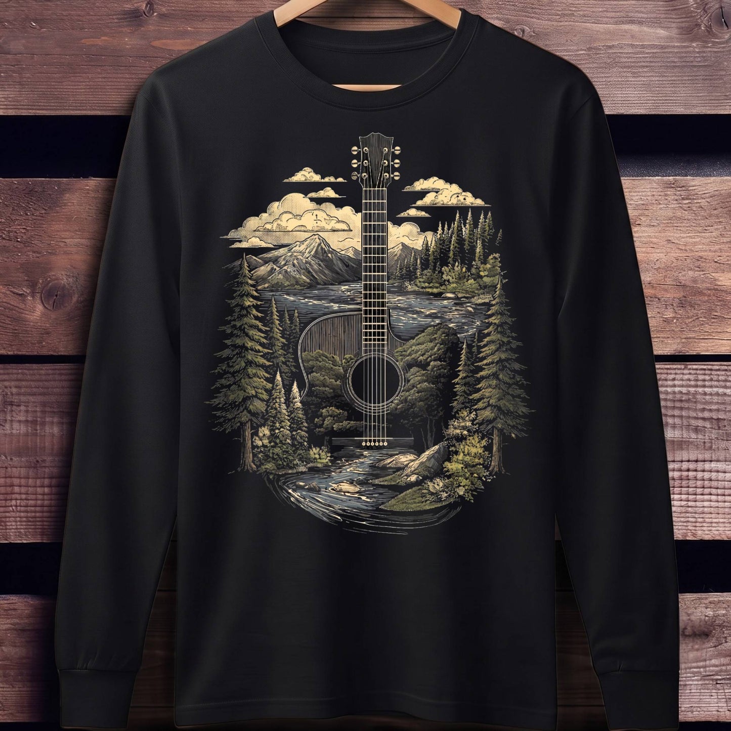 Acoustic Guitar Nature Landscape T-Shirt - Unisex Standard Long Sleeve