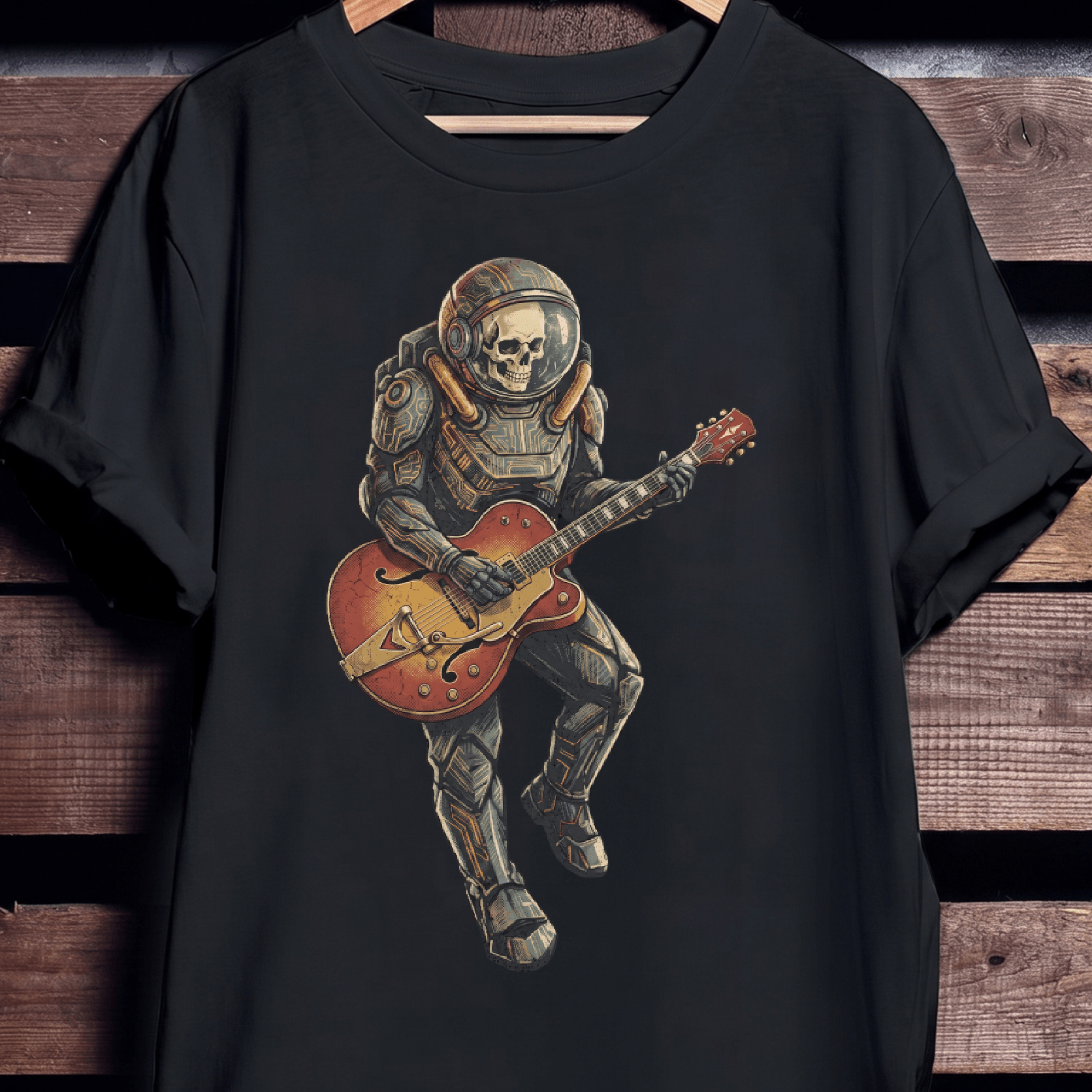 Astronaut Skull Hollowbody Guitar Art Tee - The Music Frontiers