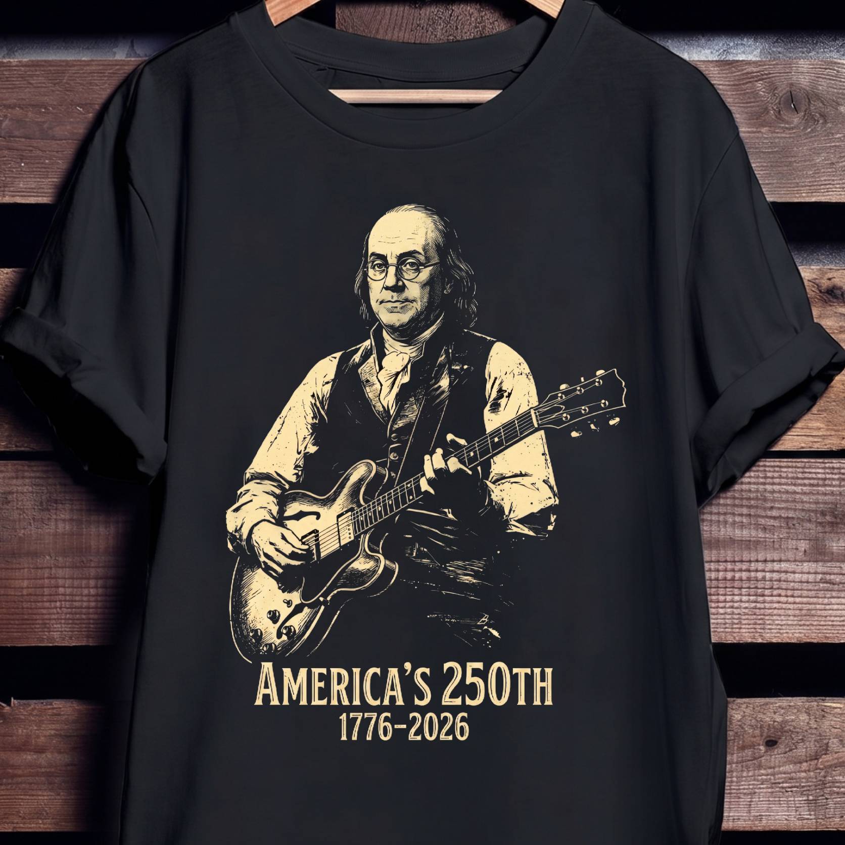 Benjamin Franklin Playing Guitar America 250. - The Music Frontiers