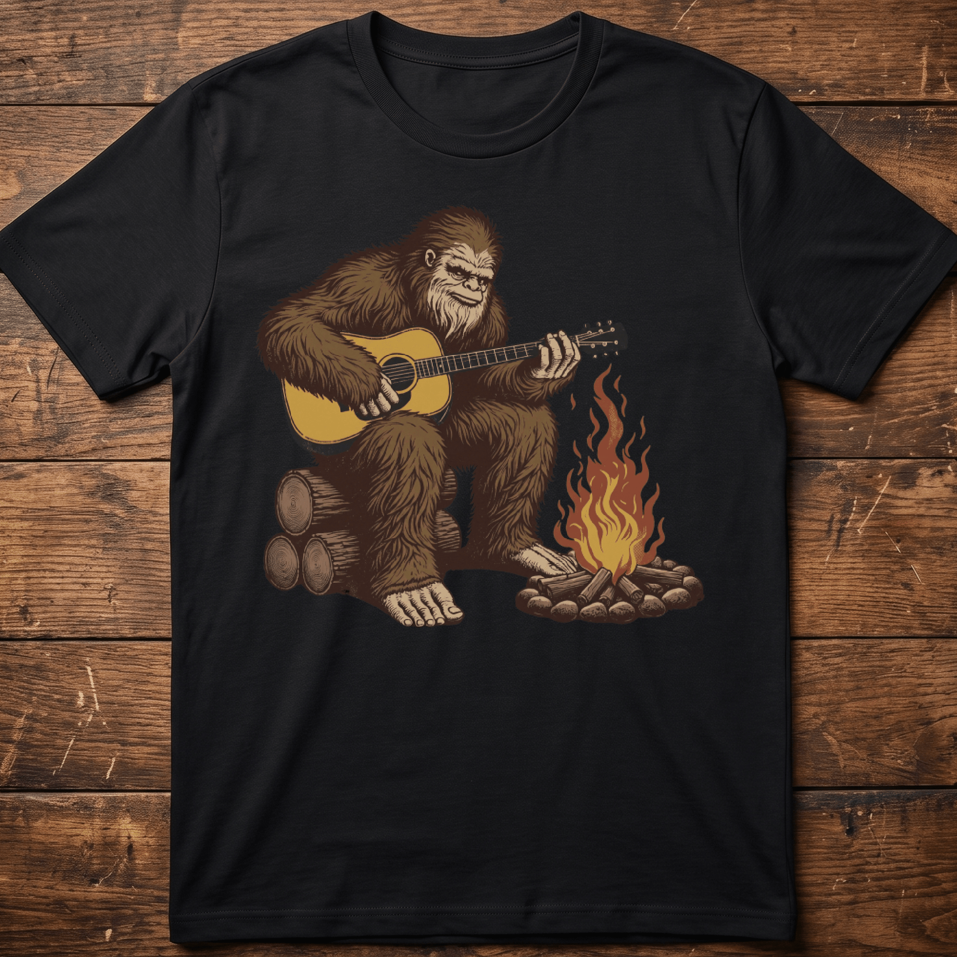 Bigfoot Sasquatch Playing Guitar by Campfire T-Shirt - The Music Frontiers