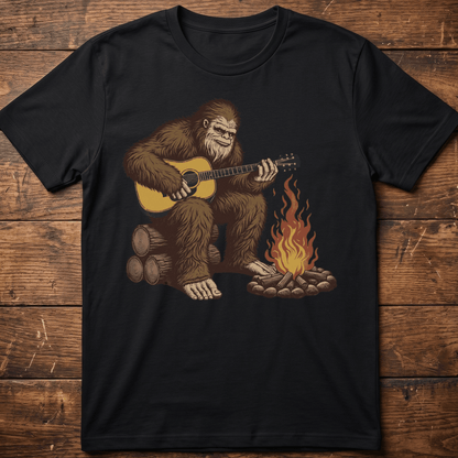 Bigfoot Sasquatch Playing Guitar by Campfire T-Shirt - The Music Frontiers