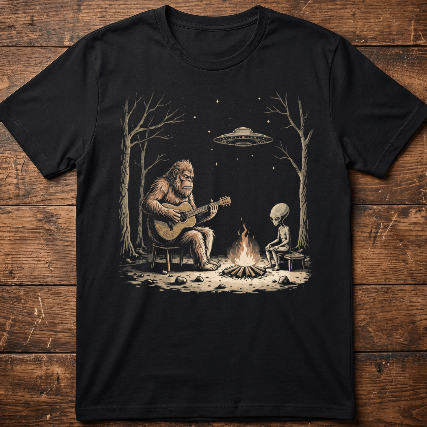 Bigfoot and Alien Campfire Guitar T-Shirt - The Music Frontiers