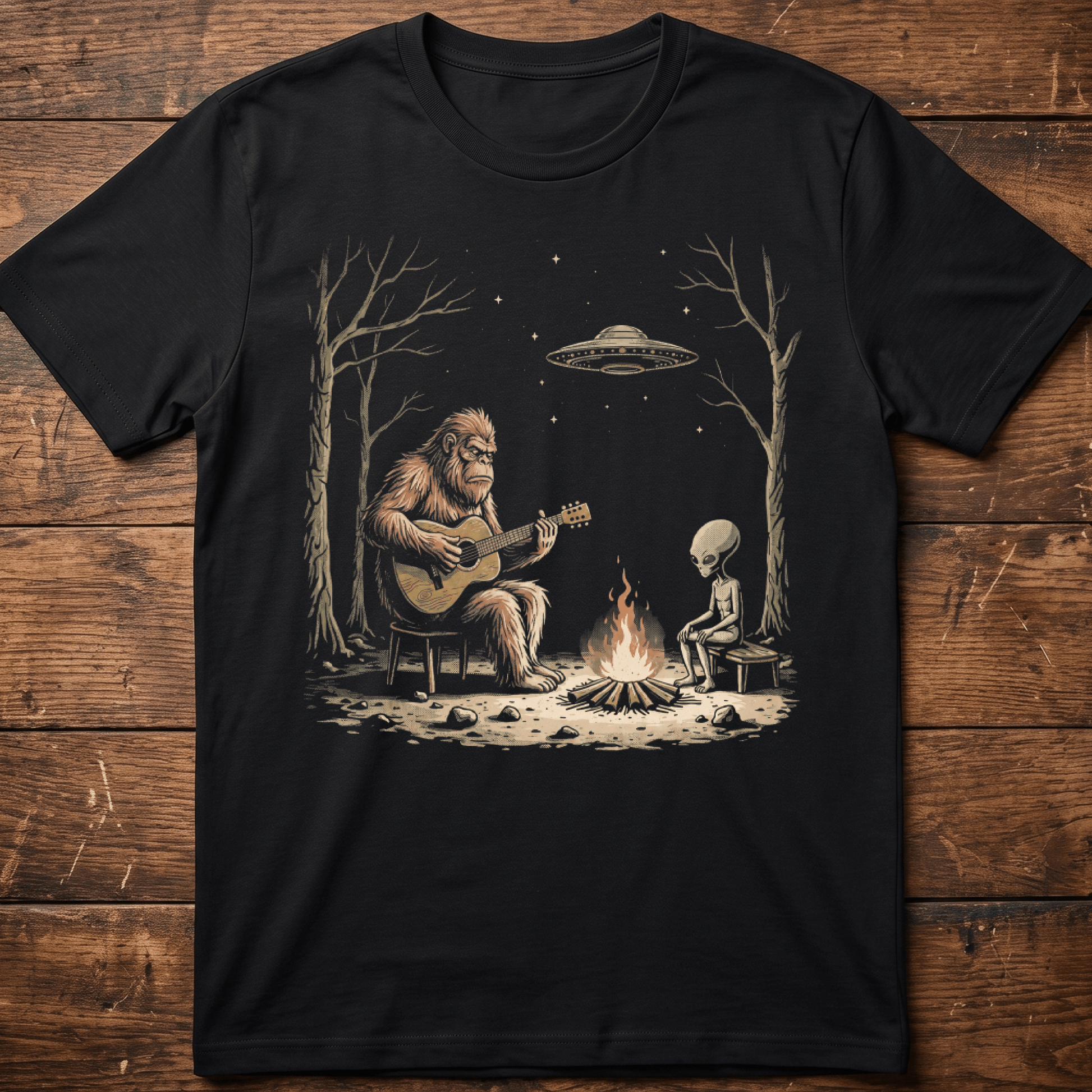 Bigfoot and Alien Campfire Guitar T-Shirt - The Music Frontiers