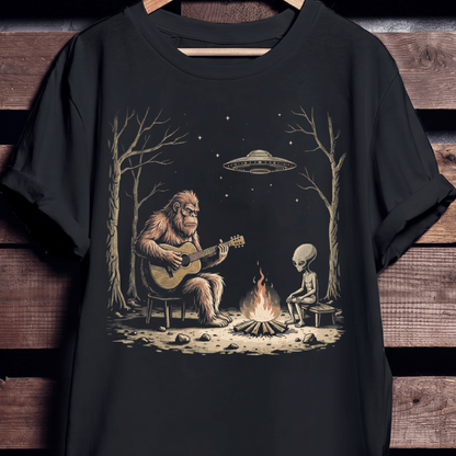 Bigfoot and Alien Campfire Guitar T-Shirt - The Music Frontiers