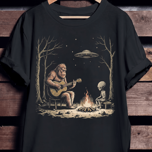 Bigfoot and Alien Campfire Guitar T-Shirt - The Music Frontiers