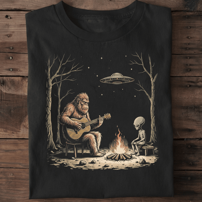 Bigfoot and Alien Campfire Guitar T-Shirt - The Music Frontiers