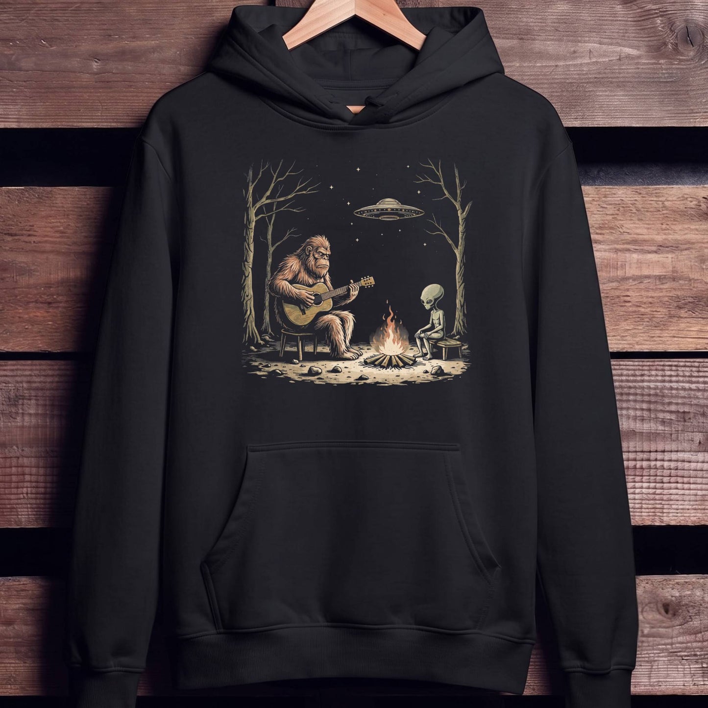 Bigfoot and Alien Campfire Guitar T-Shirt - Unisex Standard Hoodie