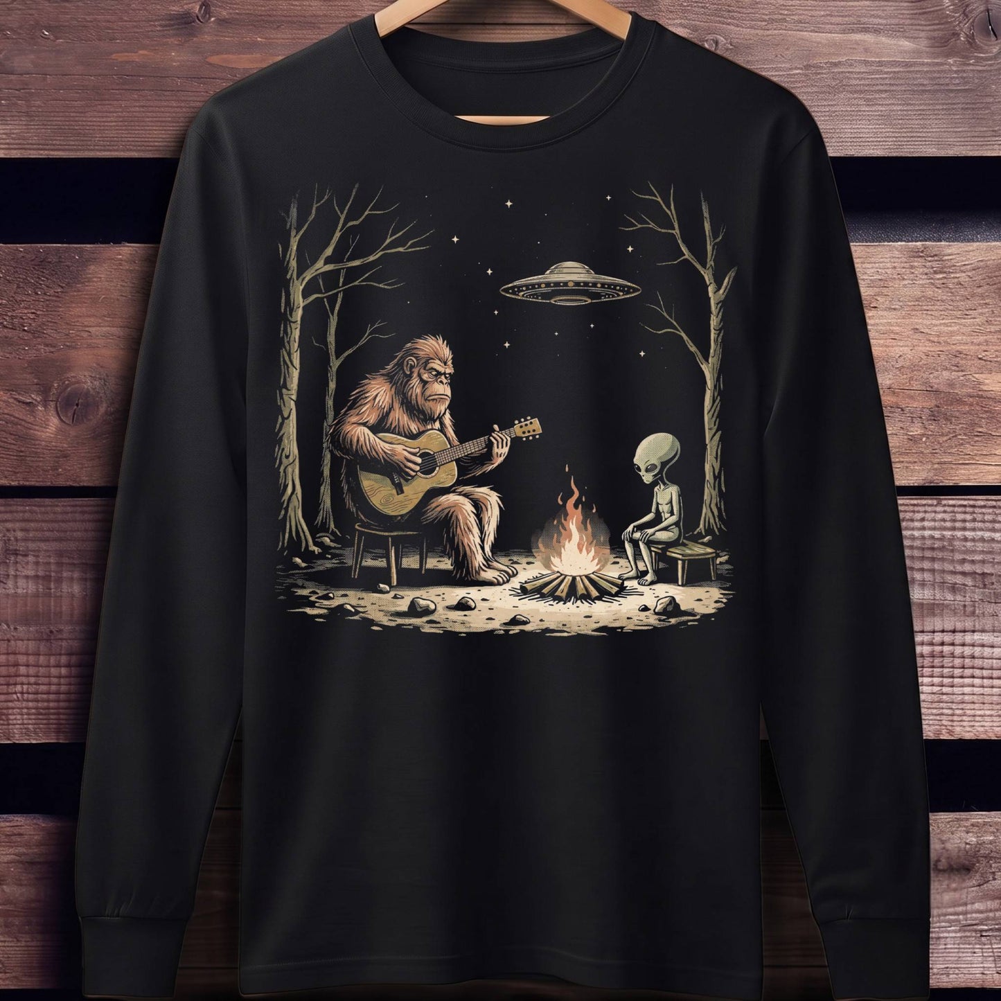 Bigfoot and Alien Campfire Guitar T-Shirt - Unisex Standard Long Sleeve
