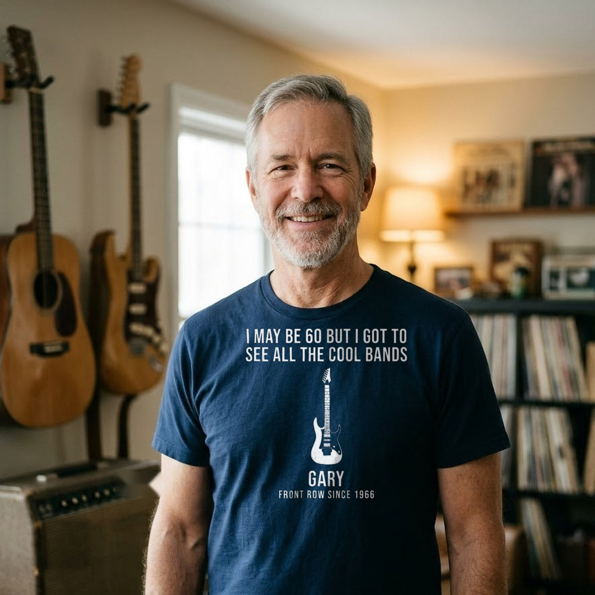 I May Be Old But I Got to See All the Cool Bands Personalized Shirt - man wearing the navy T-shirt