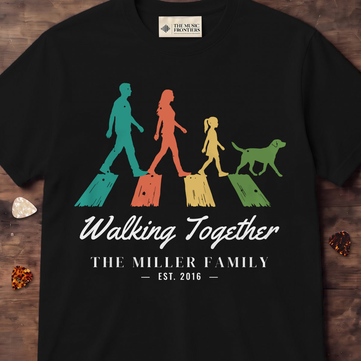 Black t-shirt with the personalized Crossing Together family design