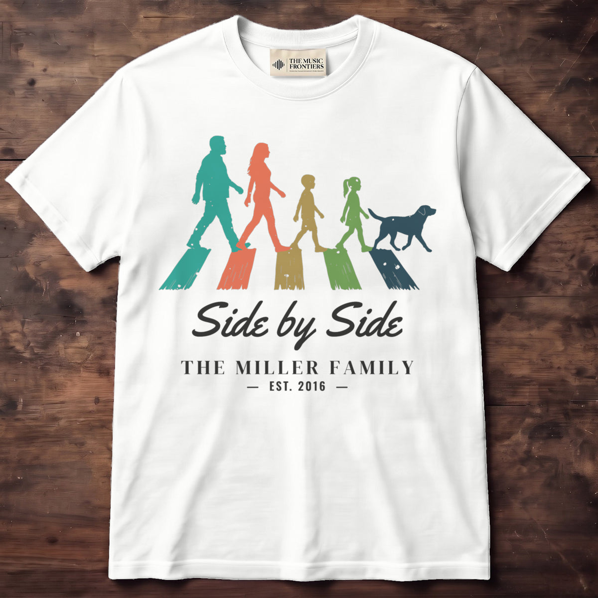 White t-shirt with the personalized Crossing Together family design
