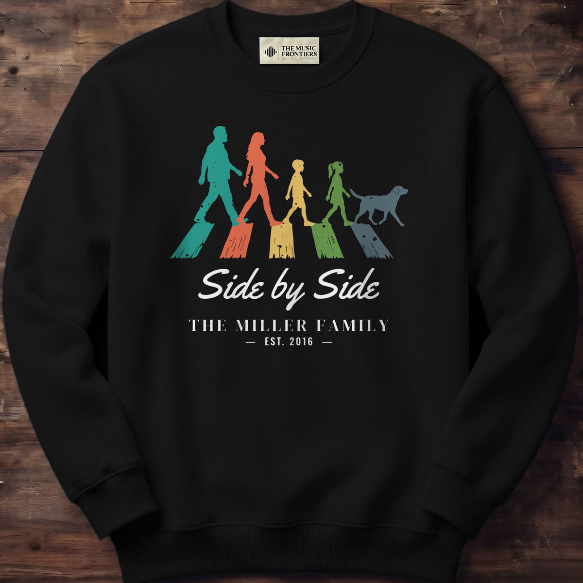 Black sweatshirt with the personalized Crossing Together family design