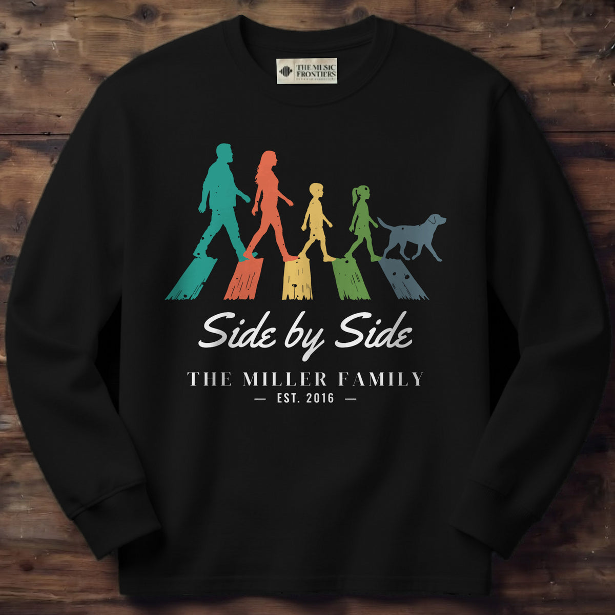 Black long sleeve shirt with the personalized Crossing Together family design
