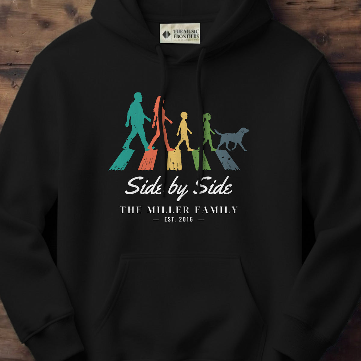 Black hoodie with the personalized Crossing Together family design