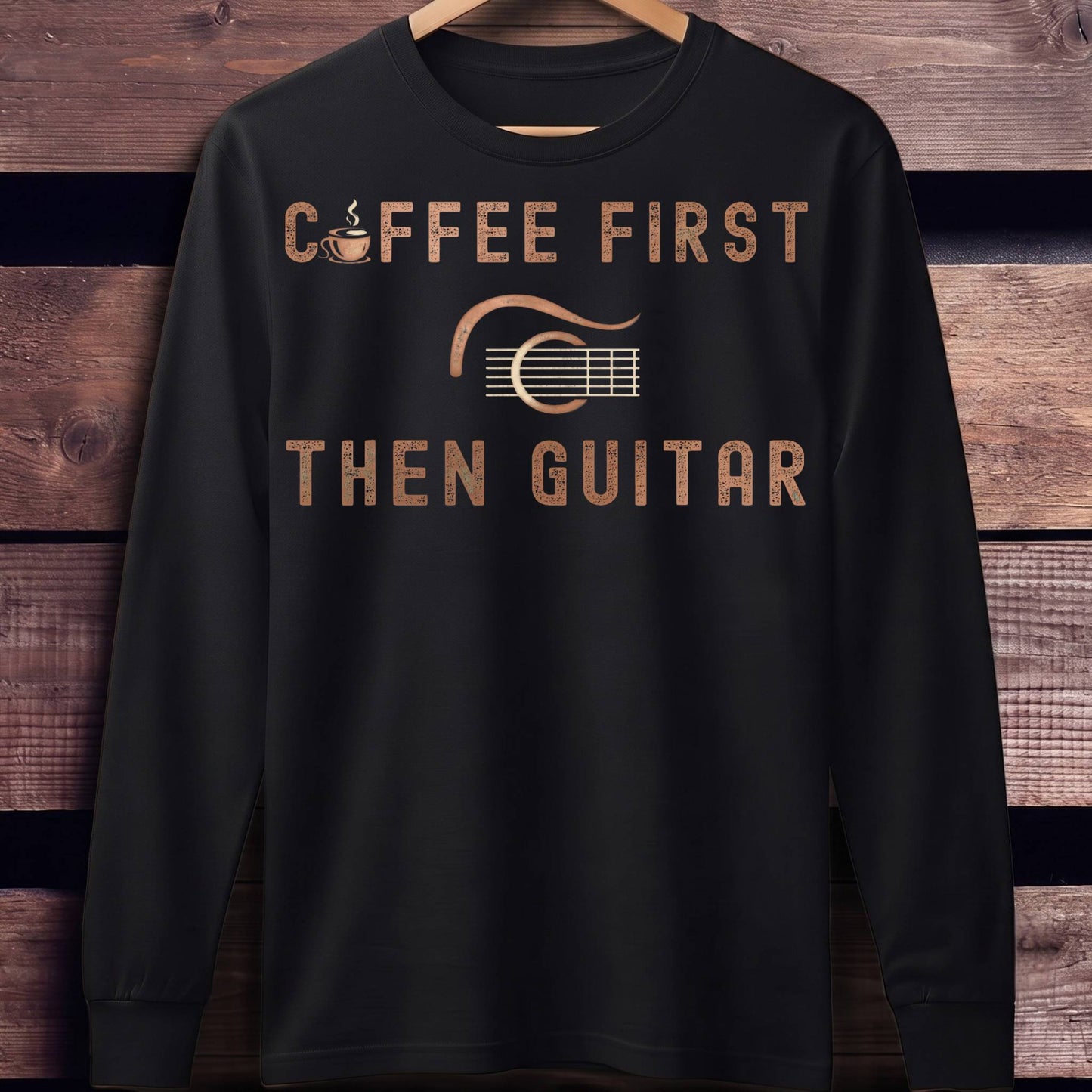 Coffee First Then Guitar Vintage T-Shirt - Unisex Standard Long Sleeve