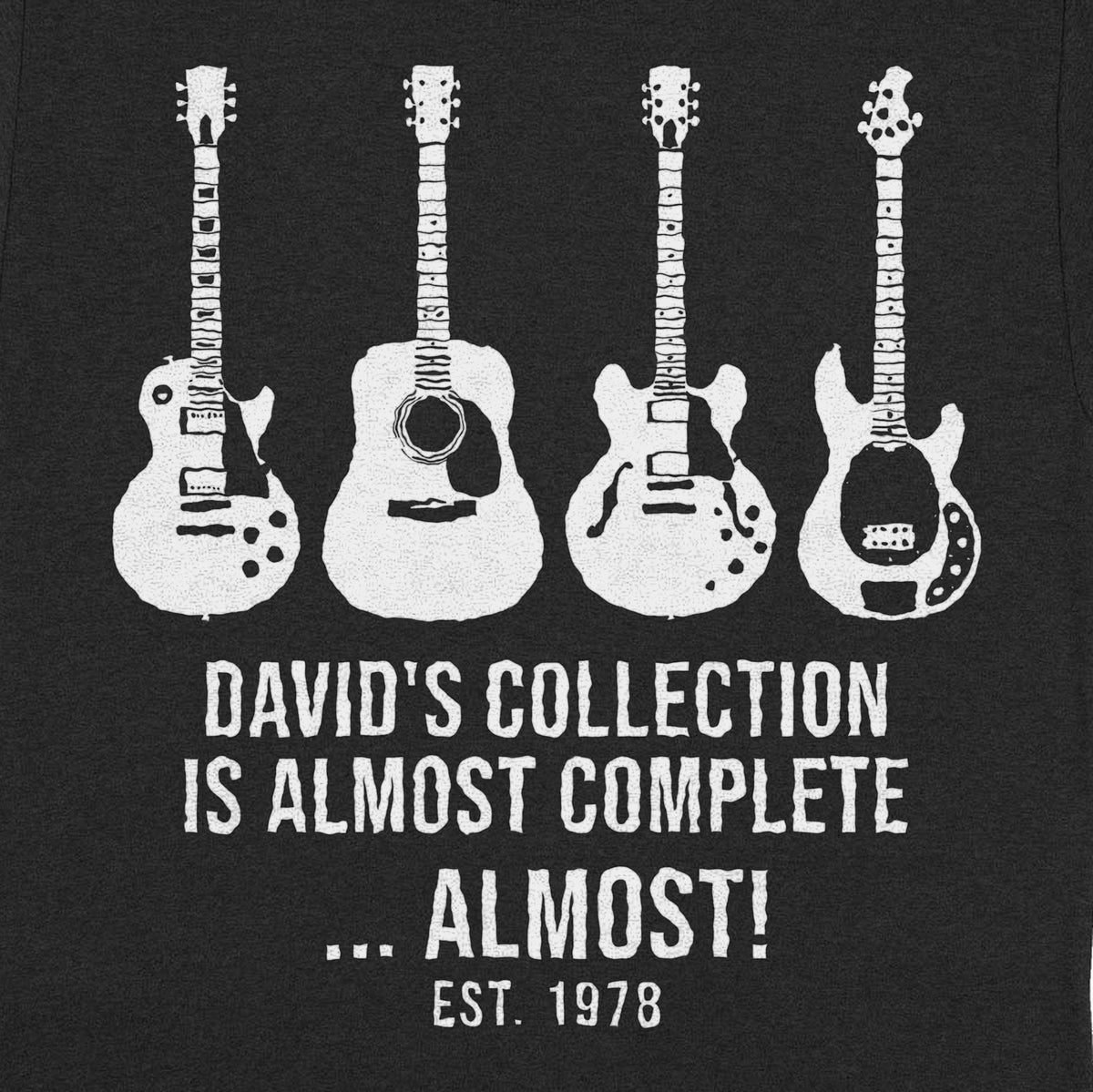 My Collection Is Almost Complete Personalized Guitar Shirt - Close-up of the print on the black shirt