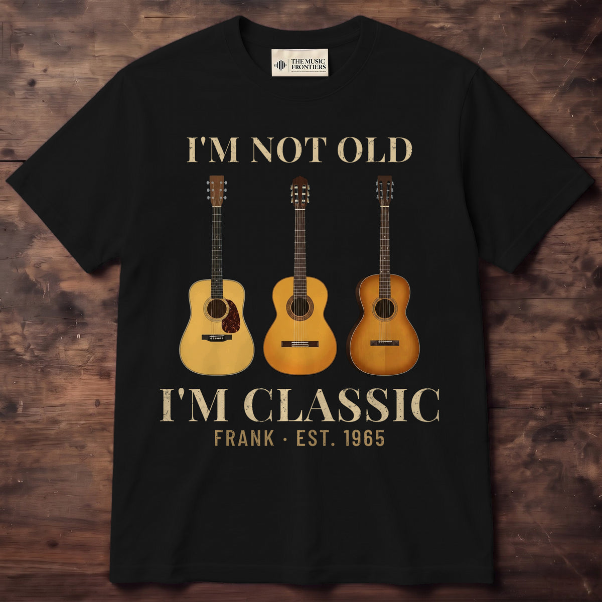 Black t-shirt with the personalized I'm Not Old, I'm Classic Guitar with Year design