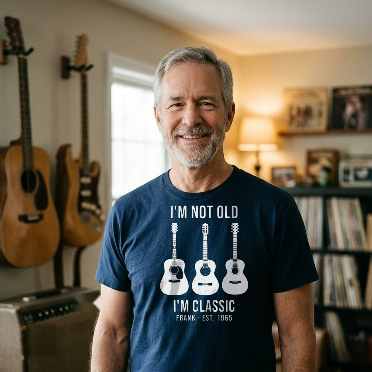 I'm Not Old, I'm Classic Personalized Guitar Shirt with Year - man wearing the navy T-shirt