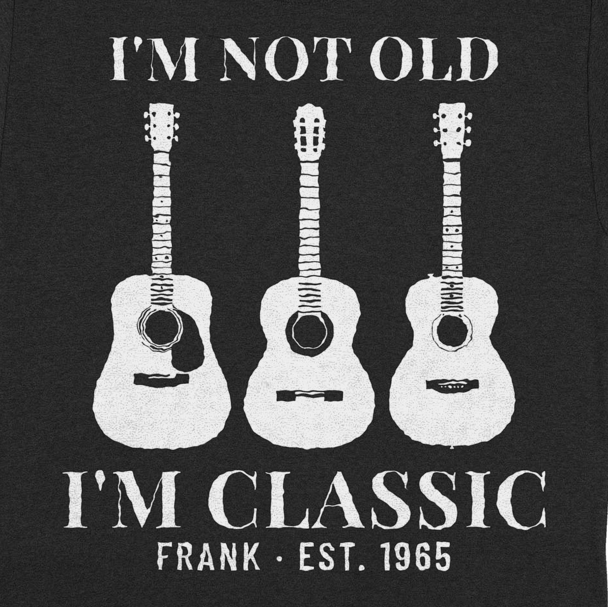 I'm Not Old, I'm Classic Personalized Guitar Shirt with Year - Close-up of the print on the black shirt