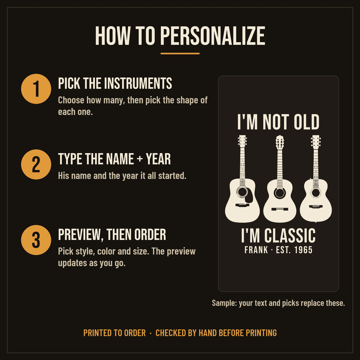 I'm Not Old, I'm Classic Personalized Guitar Shirt with Year - how to personalize in 3 steps