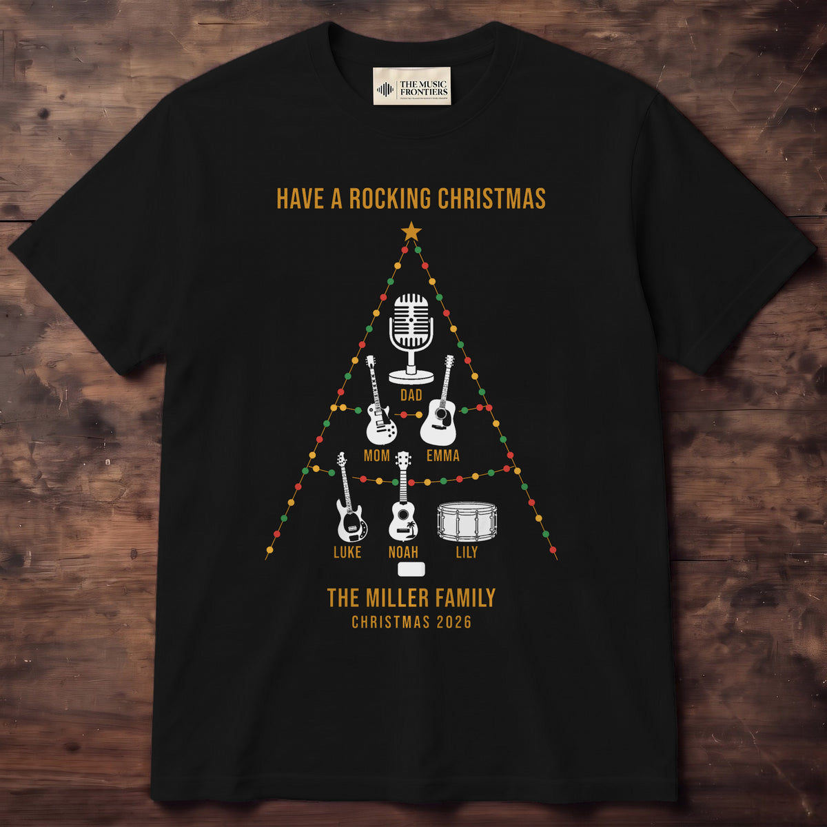 Family Christmas Tree of Instruments Personalized Shirt - Black Unisex Standard T-Shirt, front