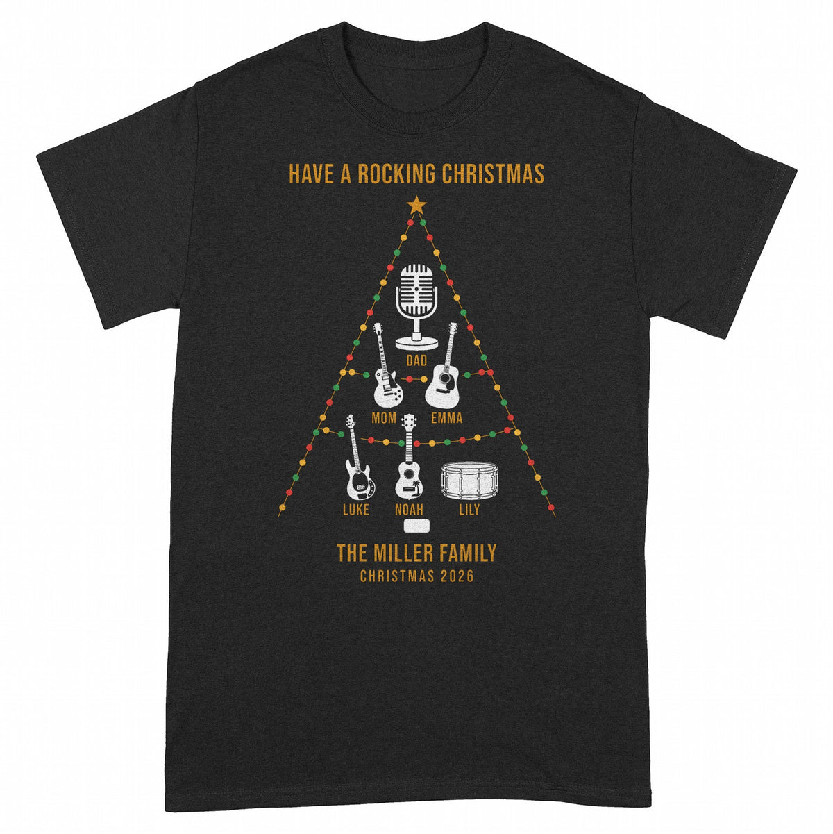 Family Christmas Tree of Instruments Personalized Shirt - Black Unisex Standard T-Shirt, front