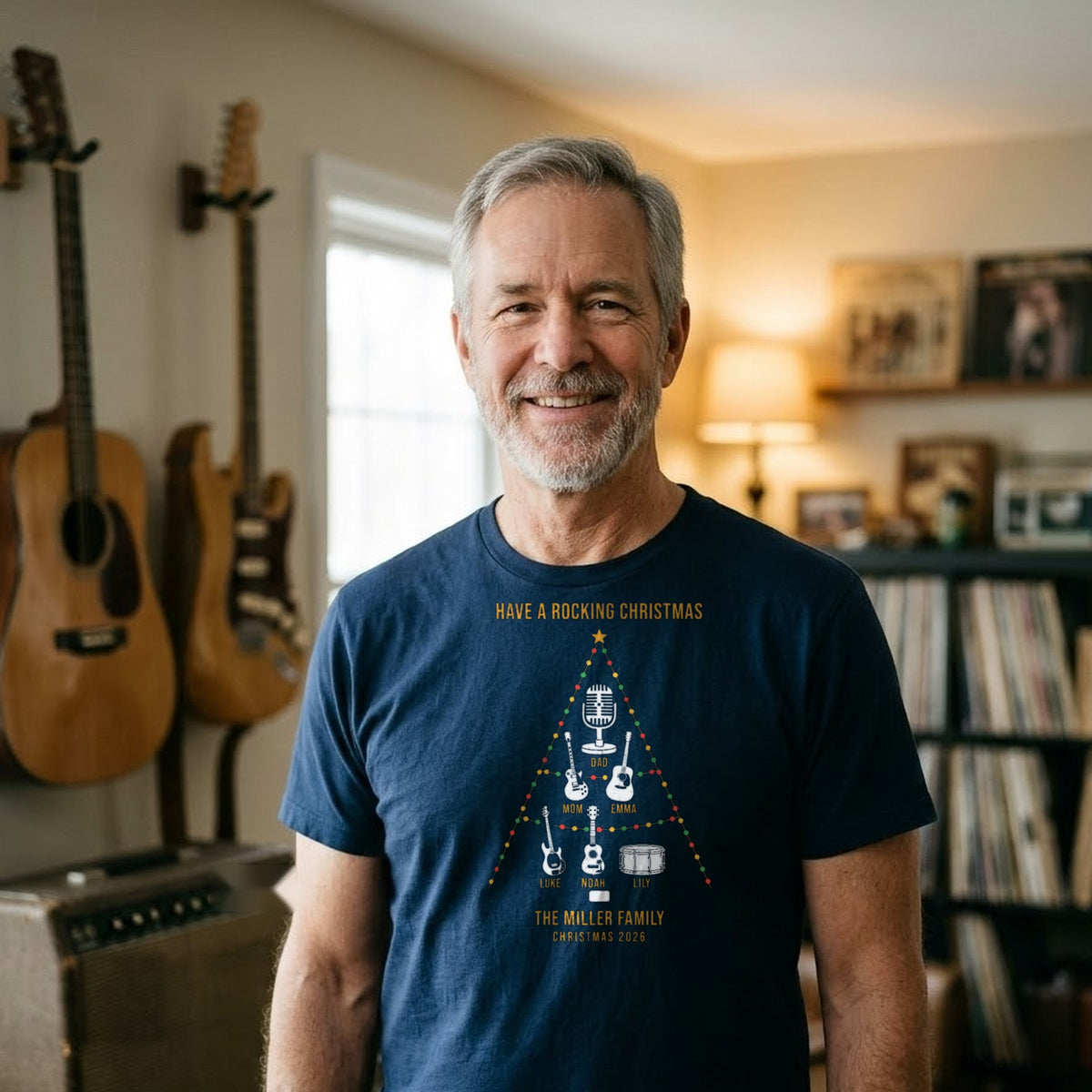 Family Christmas Tree of Instruments Personalized Shirt - man wearing the navy T-shirt